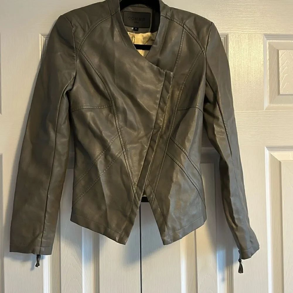 Comme USA Women’s Gray/Olive Faux Leather Moto Jacket Size S – Asymmetrical Zip